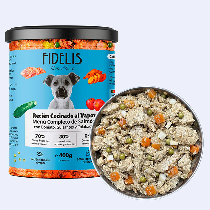 Tarro de comida natural Menú de Salmón con boniato, guisantes y calabacín de Fidelis