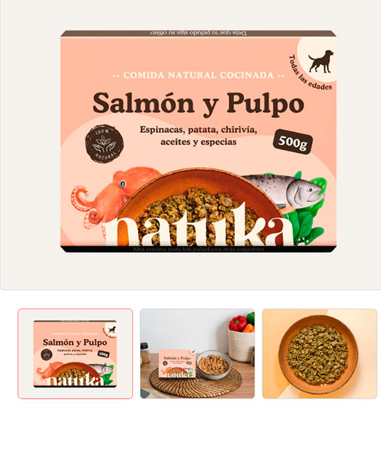 Plato cocinado de salmón y pulpo para perros Natuka