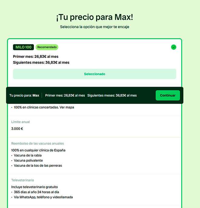 presupuesto seguro veterinario Milo 100